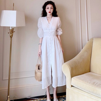 Rochie lungă casual de damă, albă, cu decolteu în V