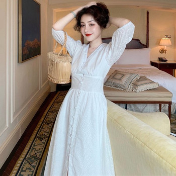 Rochie lungă casual de damă, albă, cu decolteu în V