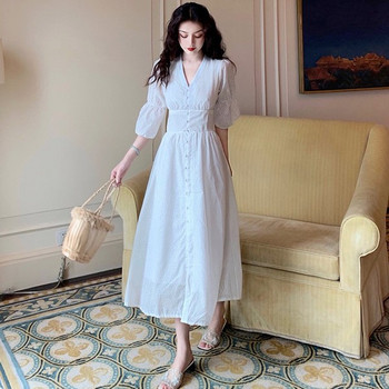 Rochie lungă casual de damă, albă, cu decolteu în V