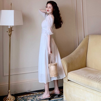 Rochie lungă casual de damă, albă, cu decolteu în V