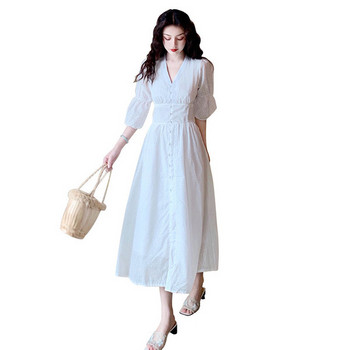 Rochie lungă casual de damă, albă, cu decolteu în V