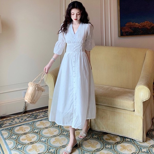 Rochie lungă casual de damă, albă, cu decolteu în V