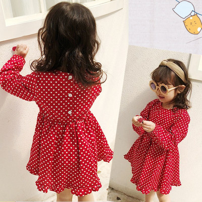 Модерна детска рокля за момичета с дълъг ръкав в червен цвят
