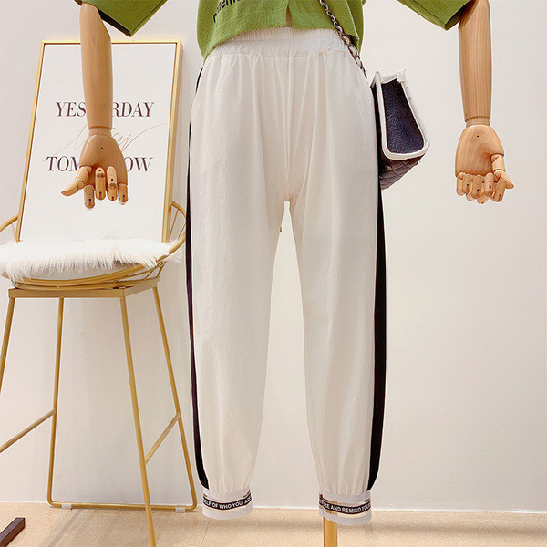 Pantaloni casual dama cu elastic in alb si negru