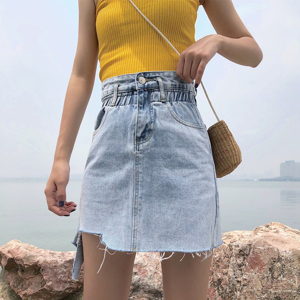 Fusta de dama moderna cu talie inalta in albastru si alb