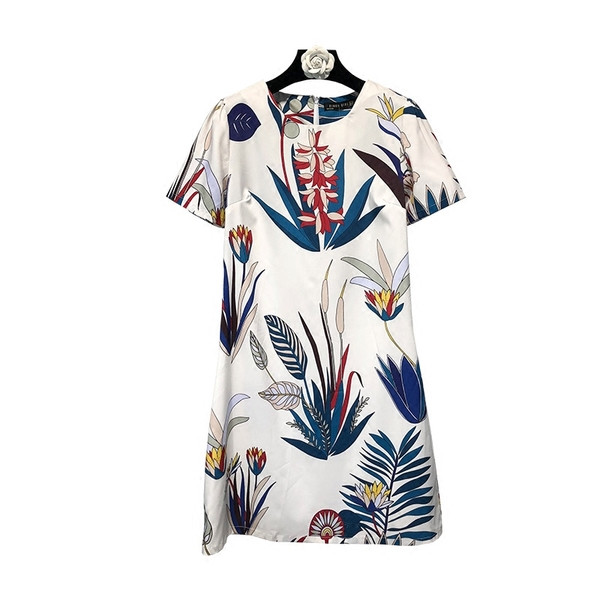 Rochie scurta cu decolteu oval alb cu model floral