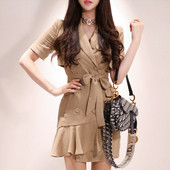 Rochie de dama cu nasturi si centura in talie de culoare bej