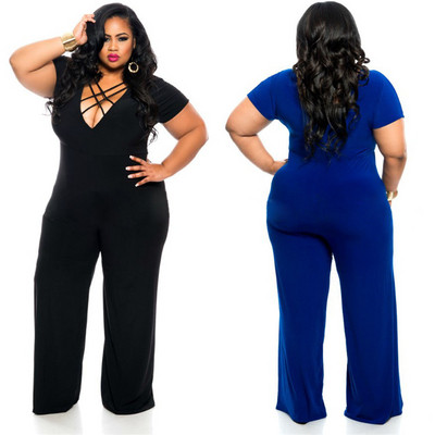 Modern női jumpsuit rövid ujjú, V-nyakú kék és fekete színben