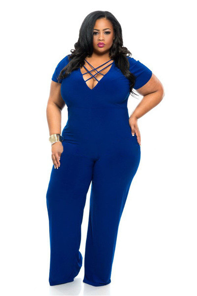 Salopetă modernă de damă cu mâneci scurte și decolteu în V în albastru și negru