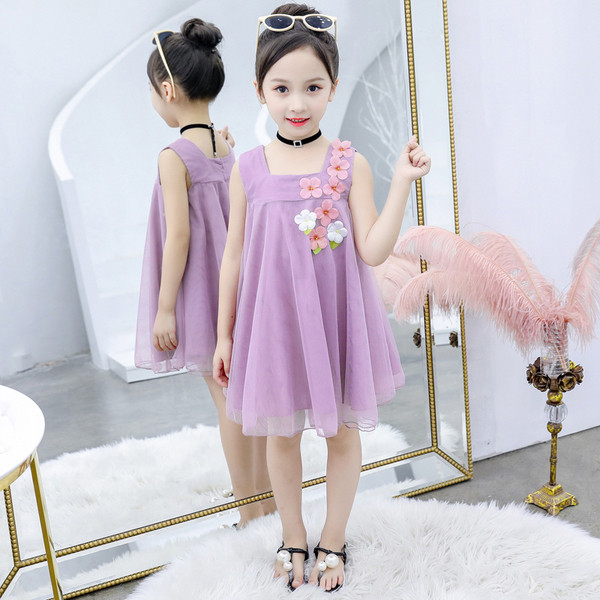 Модерна детска рокля с широки презрамки в лилав и син цвят