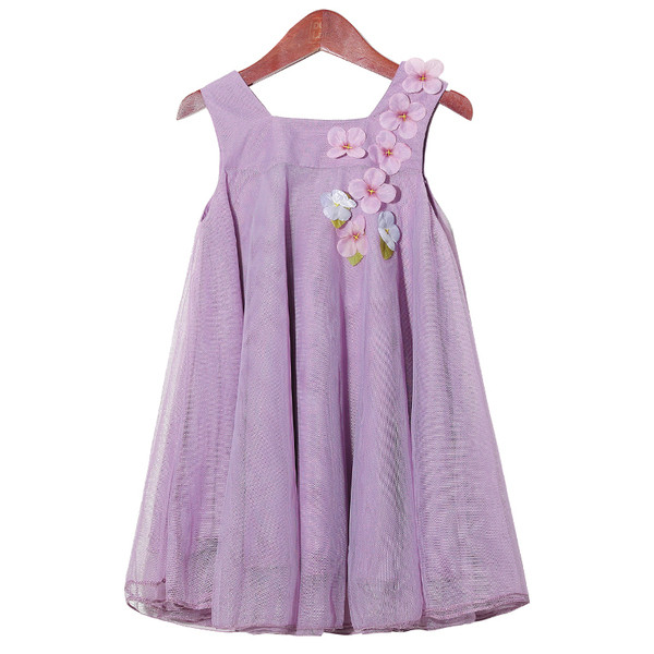 Модерна детска рокля с широки презрамки в лилав и син цвят