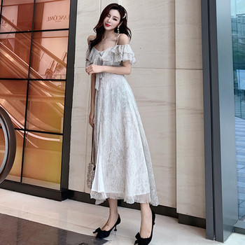 Rochie lungă de damă elegantă, cu bretele subțiri și mâneci căzute