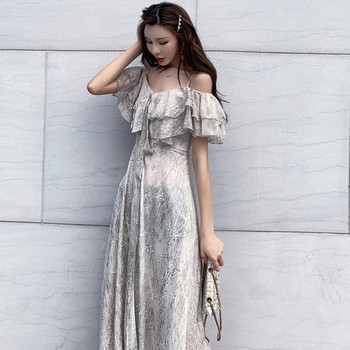 Rochie lungă de damă elegantă, cu bretele subțiri și mâneci căzute