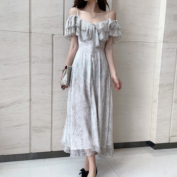 Rochie lungă de damă elegantă, cu bretele subțiri și mâneci căzute