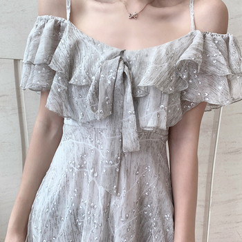 Rochie lungă de damă elegantă, cu bretele subțiri și mâneci căzute