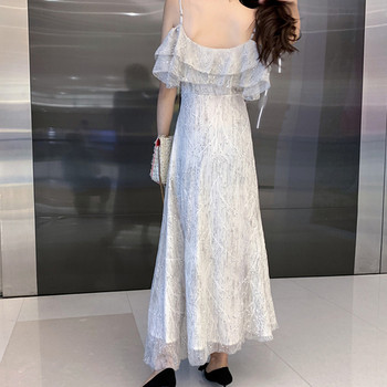 Rochie lungă de damă elegantă, cu bretele subțiri și mâneci căzute