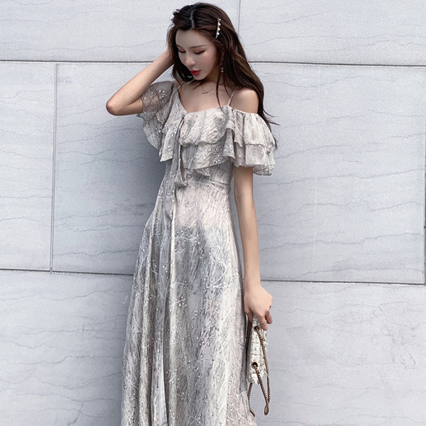 Rochie lungă de damă elegantă, cu bretele subțiri și mâneci căzute