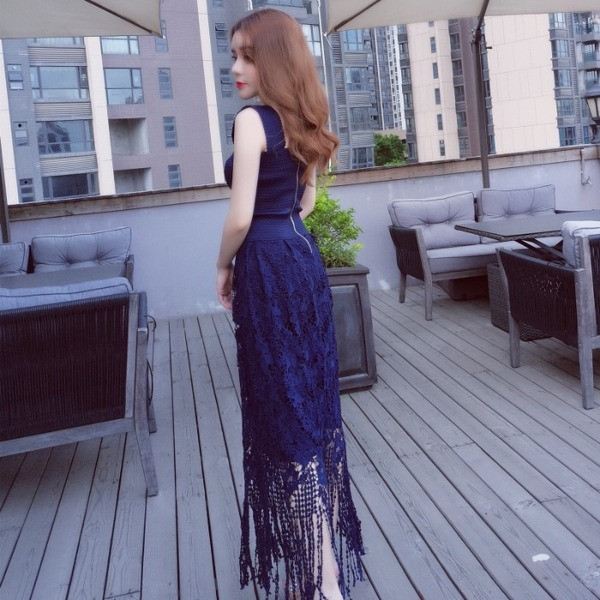 Rochie moderna de dama lunga din dantela in doua culori