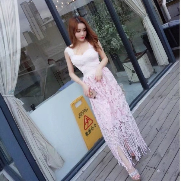 Rochie moderna de dama lunga din dantela in doua culori