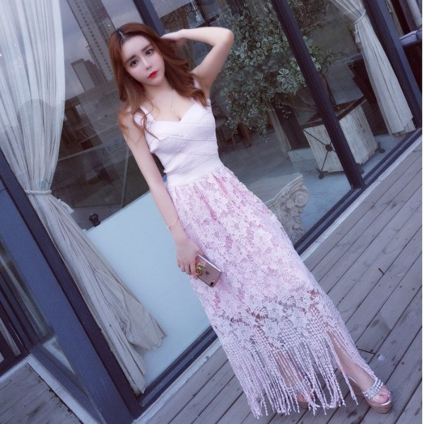 Rochie moderna de dama lunga din dantela in doua culori