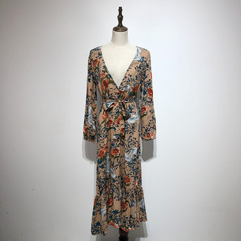 Rochie cu decolteu în V adânc și mâneci lungi cu legături în talie