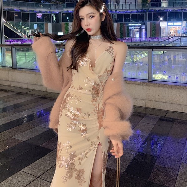 Rochie lunga de dama eleganta cu fanta in doua culori