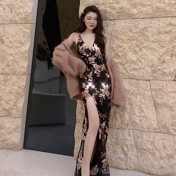 Rochie lunga de dama eleganta cu fanta in doua culori