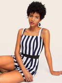 Salopeta dama in dungi - model scurt cu bretele late