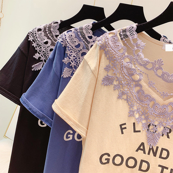 Tricou dama cu dantela si inscriptie in mai multe culori