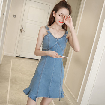 Rochie casual de dama scurta din denim cu decolteu in V