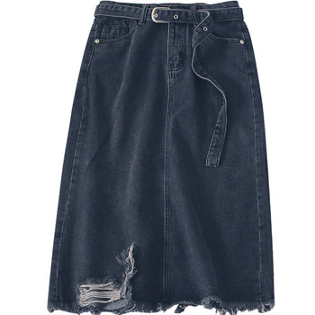 Fusta de dama moderna din denim cu motive rupte si curea