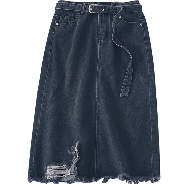 Fusta de dama moderna din denim cu motive rupte si curea