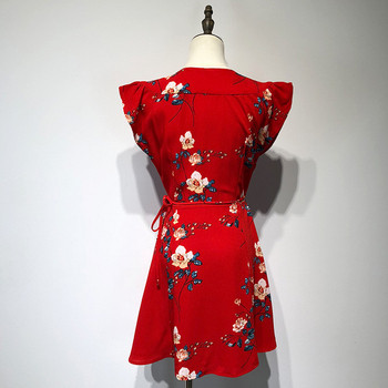 Rochie cu decolteu în V adânc și mâneci lotus scurte în două culori cu model floral