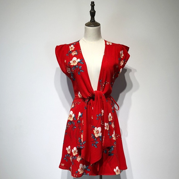 Rochie cu decolteu în V adânc și mâneci lotus scurte în două culori cu model floral