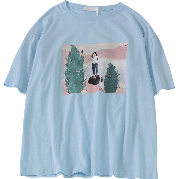 Tricou casual dama cu imprimeu alb si albastru