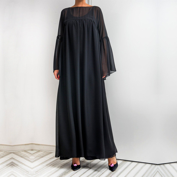 Rochie lungă de damă casual, cu mâneci lungi, de culoare neagră