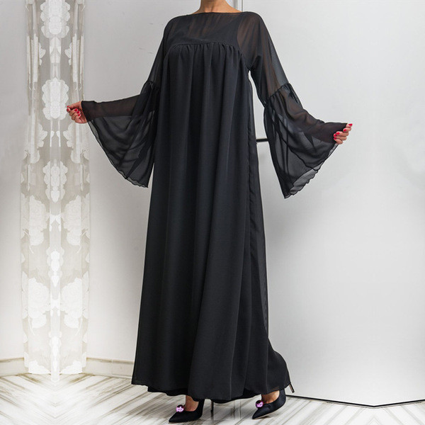 Rochie lungă de damă casual, cu mâneci lungi, de culoare neagră