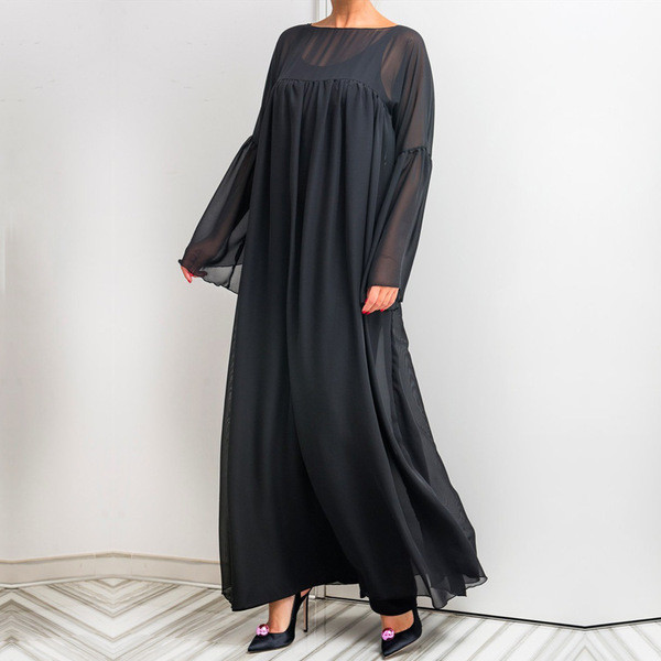 Rochie lungă de damă casual, cu mâneci lungi, de culoare neagră