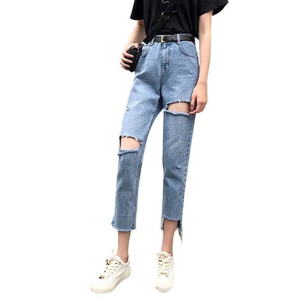 Blugi de dama moderni cu motive rupte si talie inalta in albastru