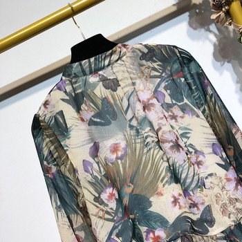 Широка дамска рокля с дълъг ръкав с флорален десен