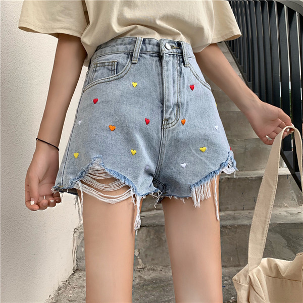 Pantaloni scurți casual din denim cu motive rupte și broderii colorate