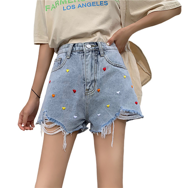 Pantaloni scurți casual din denim cu motive rupte și broderii colorate