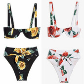 Costum de baie model nou în două părți alb-negru cu trandafir drept