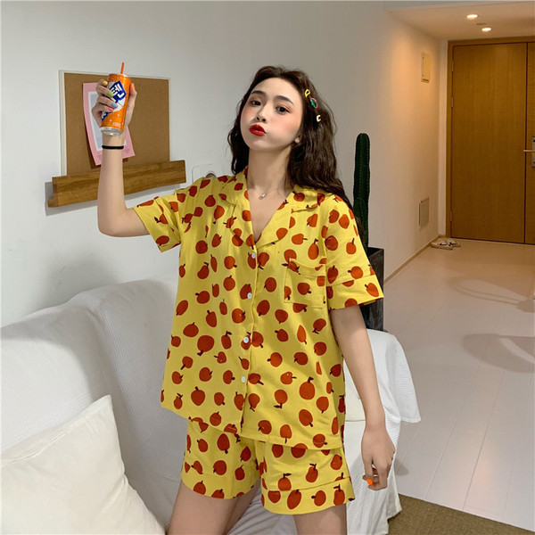 Pijamale de vară de damă în două părți, roz și galben