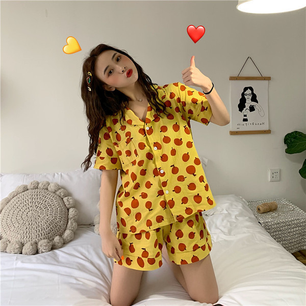 Pijamale de vară de damă în două părți, roz și galben