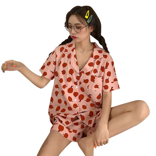 Pijamale de vară de damă în două părți, roz și galben