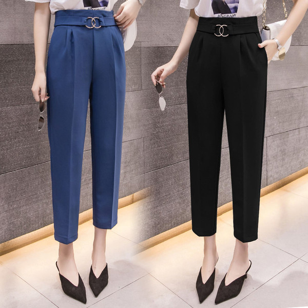 Pantaloni eleganti de dama cu talie inalta in doua culori