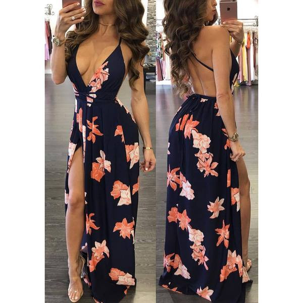 Rochie lungă de damă casual, cu spatele gol și decolteu adânc