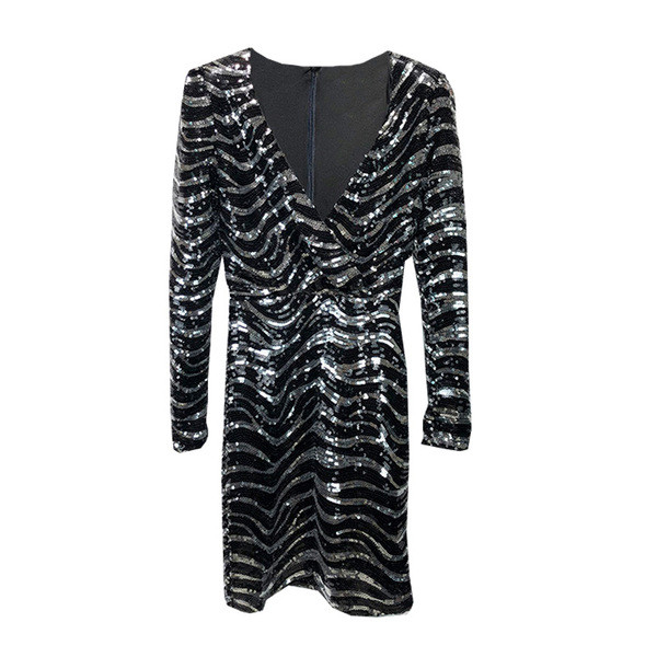 Rochie elegantă cu decolteu în V adânc și mâneci lungi cu paiete