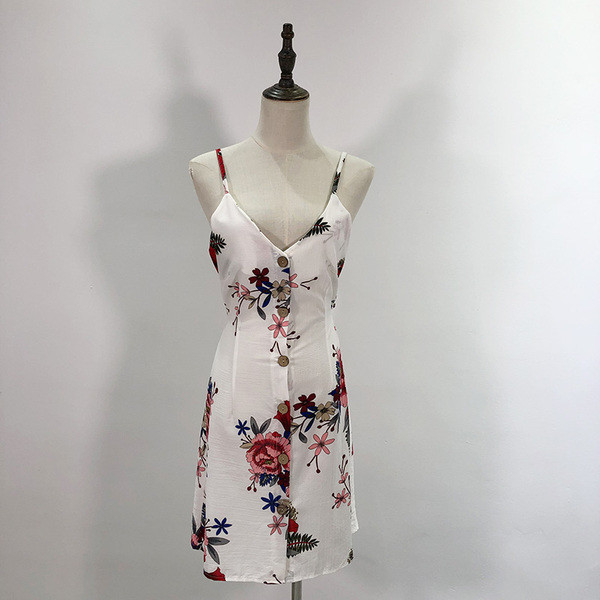 Rochie scurtă cu bretele subțiri în alb cu model